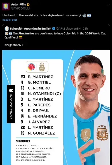 Dibu Martínez, destacado como “el mejor del mundo” por Aston Villa (X @AVFCOfficial).