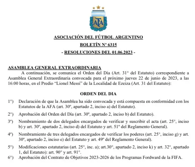 El llamado a asamblea por parte de la AFA. El punto 5 plantea la modificación de los artículos 90 y 91, los que hablan de la cantidad de descensos.