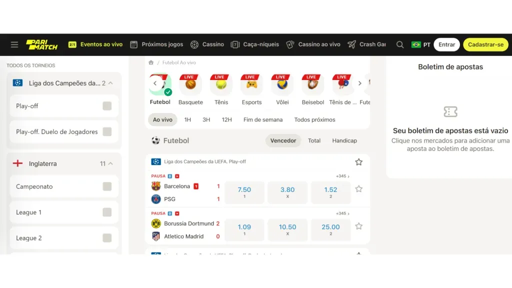 Usuários podem escolher entre apostas pré-jogo e apostas ao vivo.