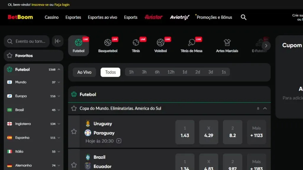 Alguns eventos de futebol disponíveis na BetBoom (Créditos: Reprodução/BetBoom)