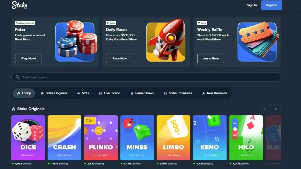 Plataforma da Stake conta com os principais jogos de cassino (Créditos: Reprodução / Stake)