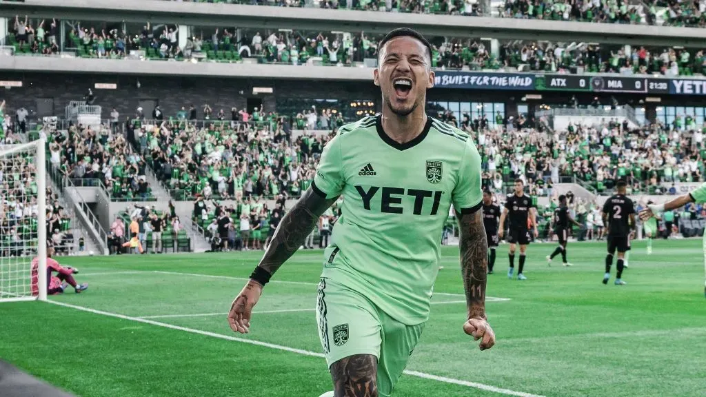 Seba Driussi celebra un gol con la camiseta del Austin FC. // Prensa Austin FC