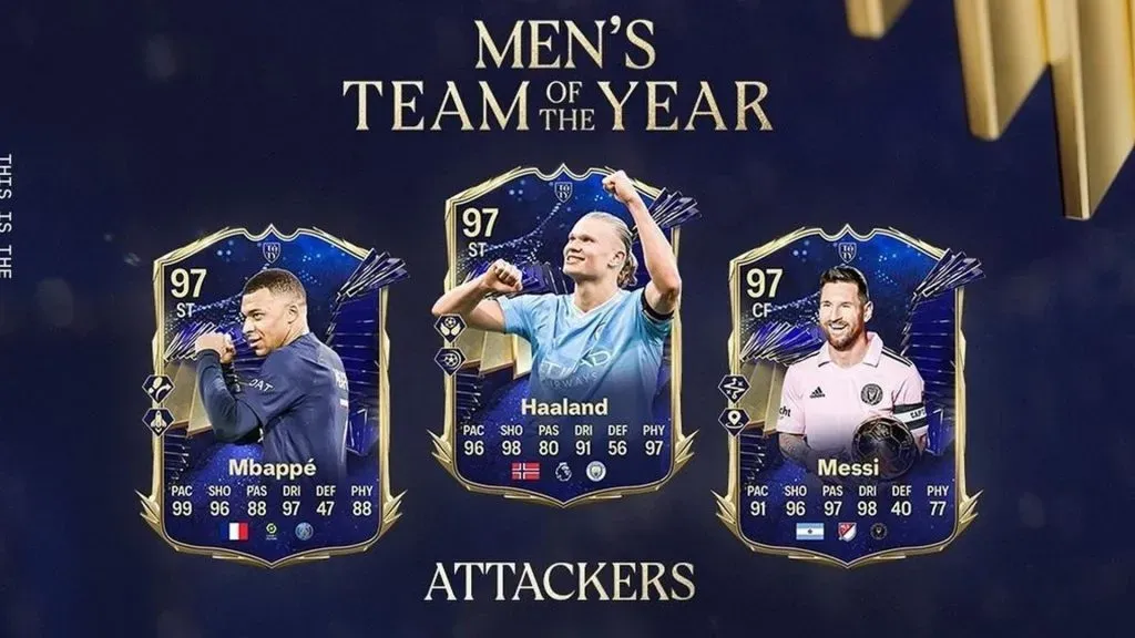 Messi, Haaland y Mbappé, el tridente del TOTY del EA FC 24.