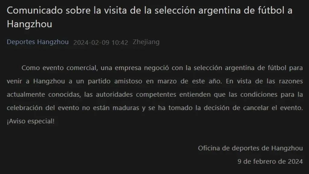 La oficina de deportes de Hangzhou hizo oficial la cancelación de los amistosos de la Selección Argentina.