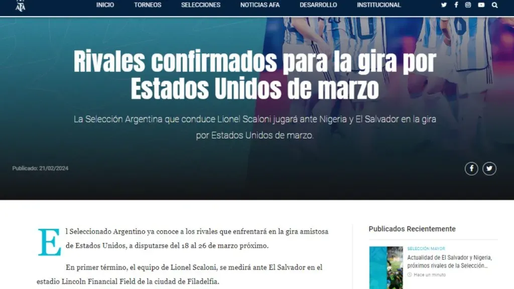 Se confirmaron los rivales de Argentina para la fecha FIFA de marzo (AFA).