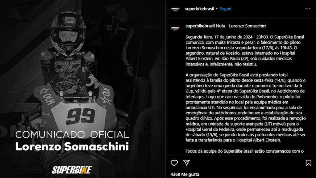 El comunicado oficial de Superbike Brasil, haciendo oficial la trágica noticia.