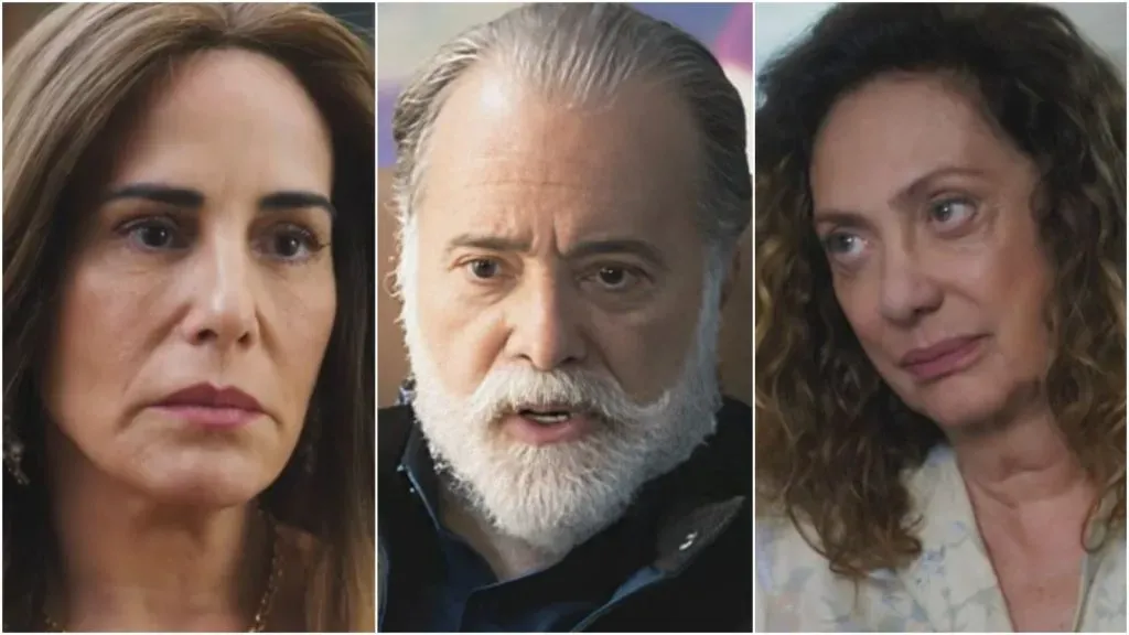 Irene (Gloria Pires, Antônio (Tony Ramos) e Agatha (Eliane Giardini) em Terra e Paixão – Foto: Reprodução/TV Globo