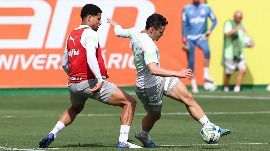 Murilo e Veiga treinam na Academia. A dupla foi essencial para apoiar Endrick, como revelou a Cria – Foto:  (Foto: Cesar Greco/Palmeiras/by Canon)