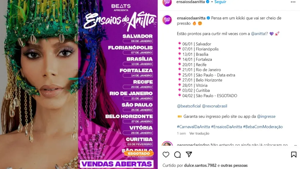 Anitta divulga as datas dos show de Carnaval. Reprodução/Instagram