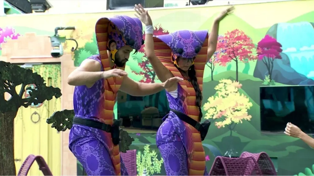 Matteus e Deniziane no quinto monstro do BBB 24. Reprodução/Globo