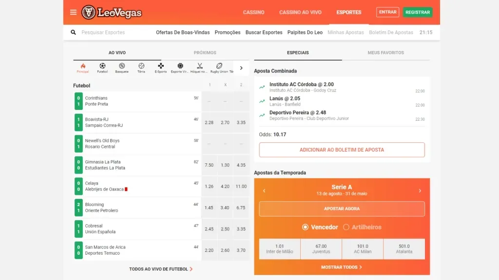 Captura de tela do site da LeoVegas demonstrando a plataforma. 