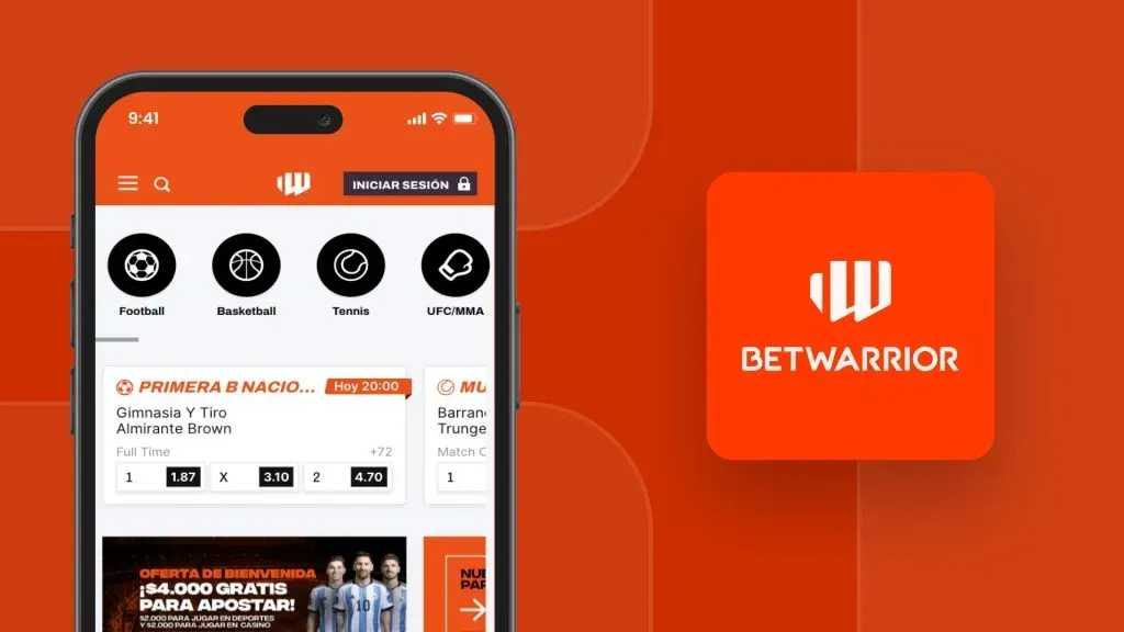 Imagem de divulgação da versão móvel da BetWarrior, com a casa de apostas aberta em smartphone do lado esquerdo, contra a logo, em tons de branco e laranja, do lado direito. 