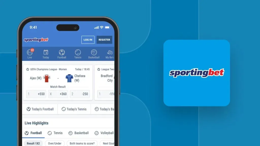 Imagem de divulgação do app da Sportingbet. Ao lado esquerdo da imagem, smartphone demonstrando a plataforma da Sportingbet. Ao lado esquerdo, logo da casa de apostas em tons de branco, azul e vermelho. 