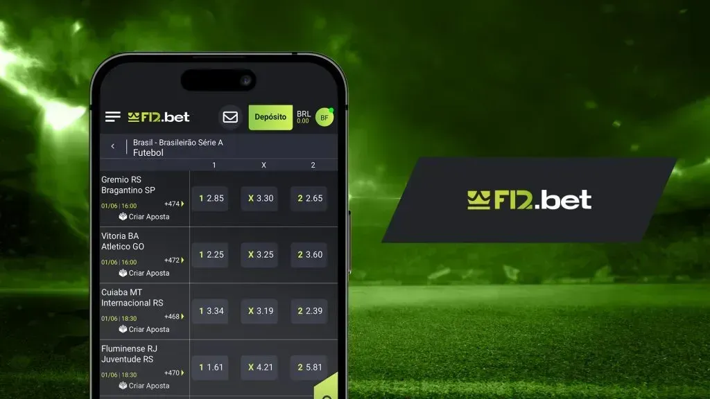 Imagem com fundo em tons de verde, celular com odds para partidas Brasileirão Série A, e logo da F12.bet à direita