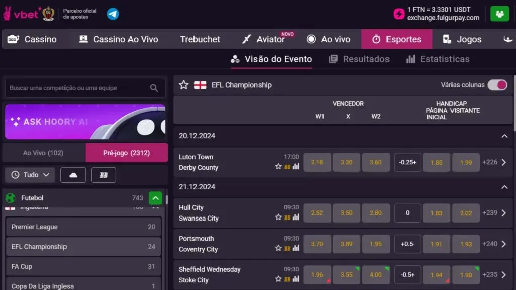 A Vbet Brasil conta com um amplo mercado de apostas esportivas, com odds competitivas | Crédito: Vbet Brasil / Reprodução