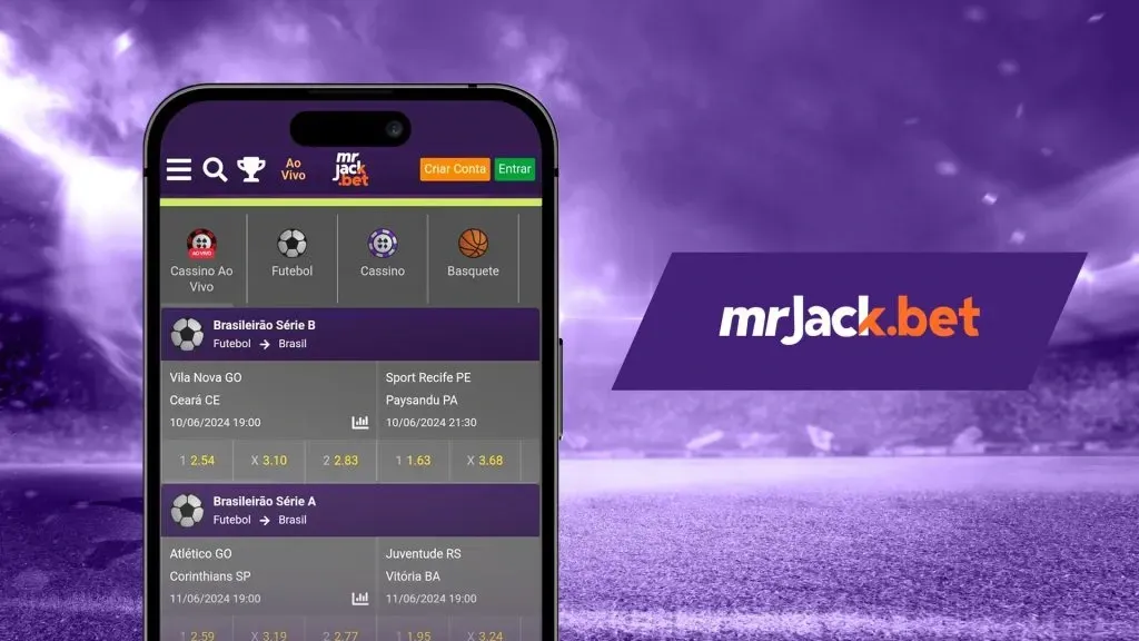 Imagem de divulgação da Mr Jack Bet, com smartphone do lado esquerdo demonstrando a plataforma. Do direito, o logo da casa em tons de branco, amarelo e roxo. 