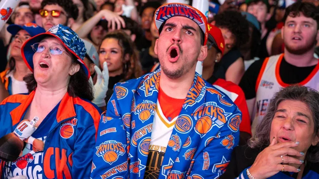 Stelios Yamalis reacts with fans during Game 6 of the NBA Playoffs Round 2 between the New York Knicks and the Celtics at a watch party hosted outside on May 16, 2025. (Source: Angelina Katsanis/Getty Images)