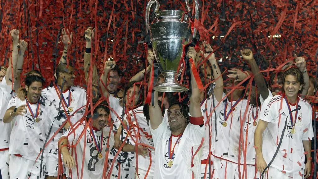 Captain Paolo Maldini if Milan lifts the trophy after winning the UEFA Champions League Final match between Juventus FC and AC Milan on May 28, 2003. (Source: Alex Livesey/Getty Images)