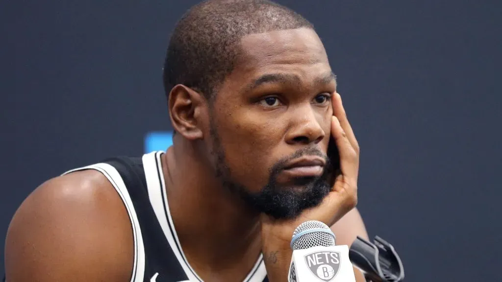 NEW YORK, NEW YORK – SEPTEMBER 27: Kevin Durant #7 of the Brooklyn Nets speaks to media during Brooklyn Nets Media Day at HSS Training Center on September 27, 2019 in the Brooklyn Borough of New York City (Photo by Mike Lawrie/Getty Images)