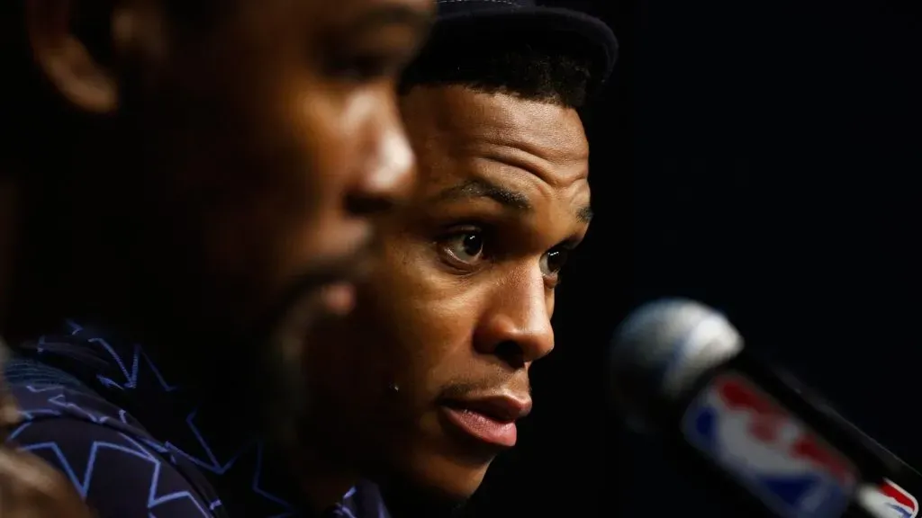 OKLAHOMA CITY, OK – MAY 24:  Kevin Durant #35 and Russell Westbrook #0 of the Oklahoma City Thunder speak to the media after their 118 to 94 win over the Golden State Warriors in game four of the Western Conference Finals during the 2016 NBA Playoffs at Chesapeake Energy Arena on May 24, 2016 in Oklahoma City, Oklahoma.  (Photo by J Pat Carter/Getty Images)