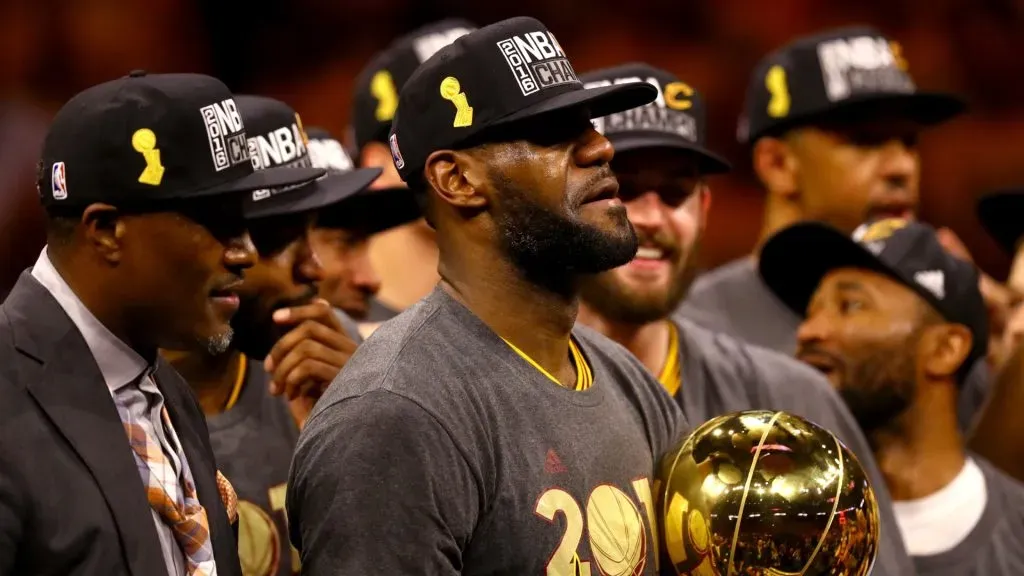 LeBron James celebrates the 2016 NBA championship with the Cavaliers.
