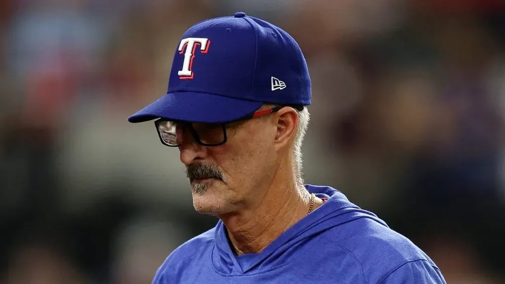 Pitching coach Mike Maddux of the Texas Rangers with the classic blue hat