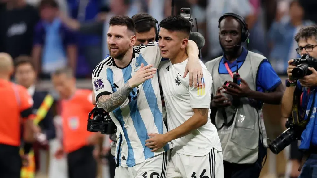 Lionel Messi and Thiago Almada celebrate after the penalty shootout win during the FIFA World Cup Qatar 2022 Final