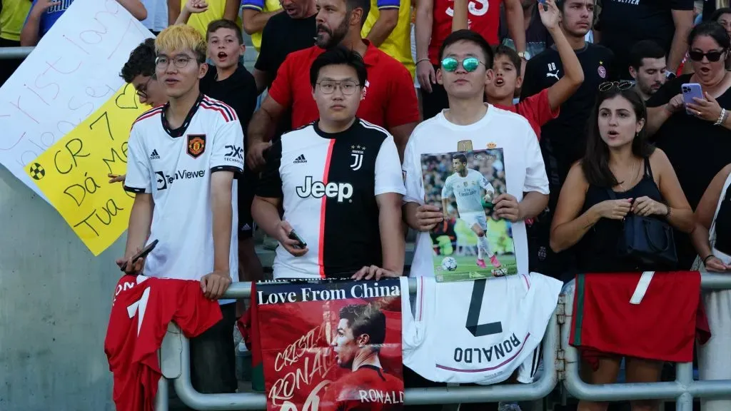 Cristiano Ronaldo’s supporters before the start of the Pre-Season Friendly match between Al Nassr and SL Benfica at Estadio Algarve on July 20, 2023 in Faro, Portugal. (Photo by Gualter Fatia/Getty Images)