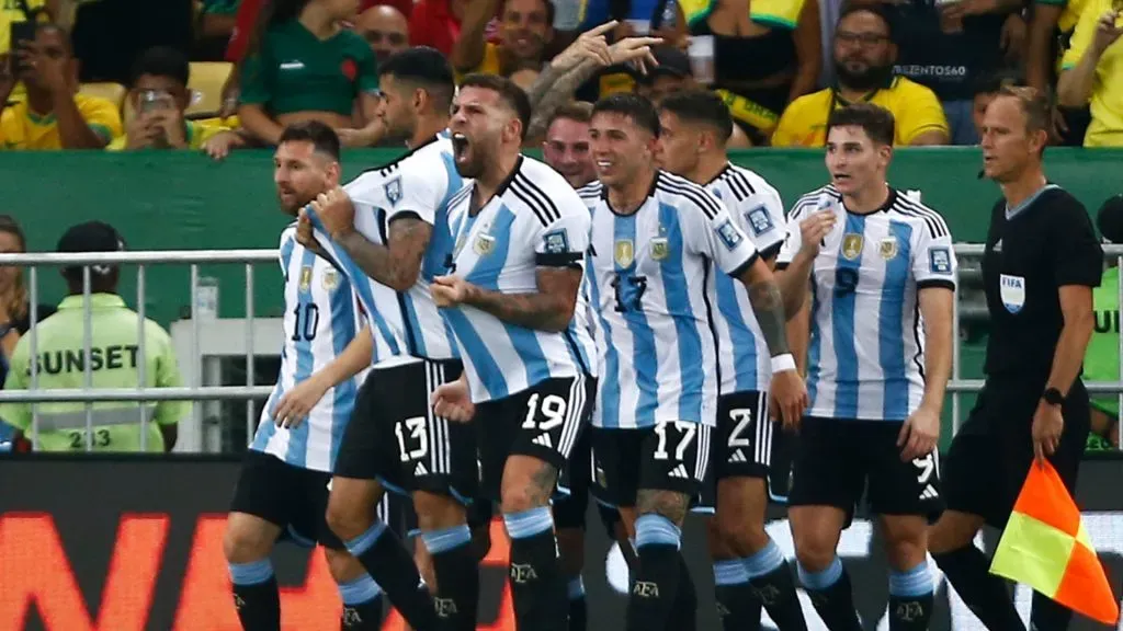 Nicolas Otamendi of Argentina celebrates with teammates after scoring the team's first goal during a FIFA World Cup 2026 Qualifier match between Brazil and Argentina at Maracana Stadium on November 21, 2023 in Rio de Janeiro, Brazil.