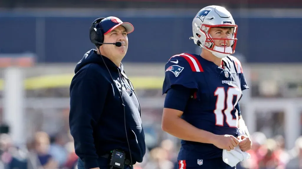 New England Patriots offensive coordinator Bill O’Brien and quarterback Mac Jones.