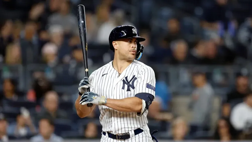 Giancarlo Stanton #27 of the New York Yankees at bat during the game against the Arizona Diamondbacks at Yankee Stadium on September 22, 2023 in the Bronx borough of New York City. The Yankees won 7-1.