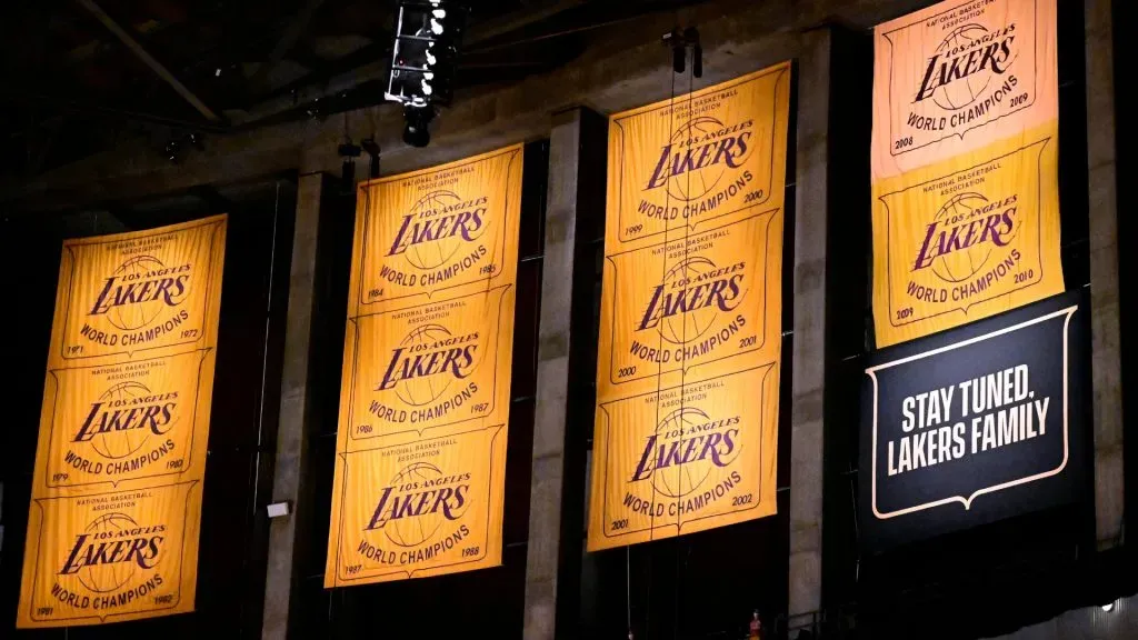 A display of banners before the unveiling of a banner for the Los Angeles Lakers 2020 NBA Championship season before the game against the Houston Rockets at Staples Center on May 12, 2021 in Los Angeles, California.