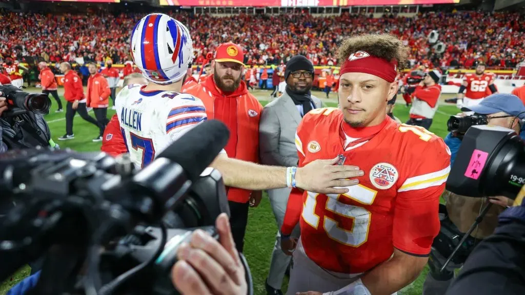 Patrick Mahomes #15 of the Kansas City Chiefs reacts with Josh Allen #17 of the Buffalo Bills after the game at GEHA Field at Arrowhead Stadium on December 10, 2023 in Kansas City, Missouri.