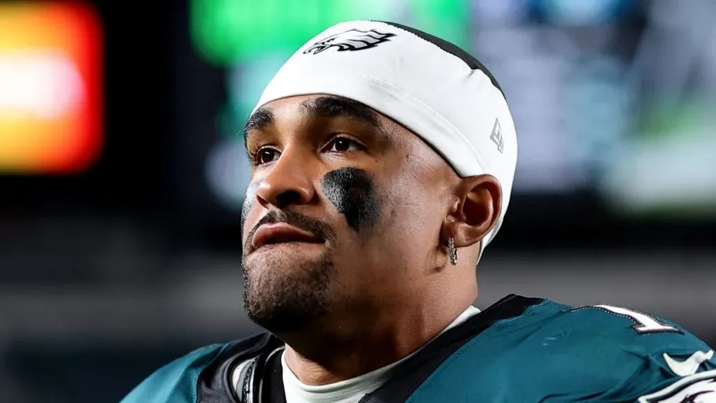 Jalen Hurts looks on during an Eagles game.