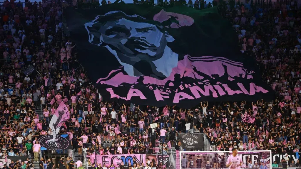 Fans hold a flag of Lionel Messi #10 of Inter Miami CF during the Leagues Cup 2023 match between Cruz Azul and Inter Miami CF at DRV PNK Stadium on July 21, 2023 in Fort Lauderdale, Florida.