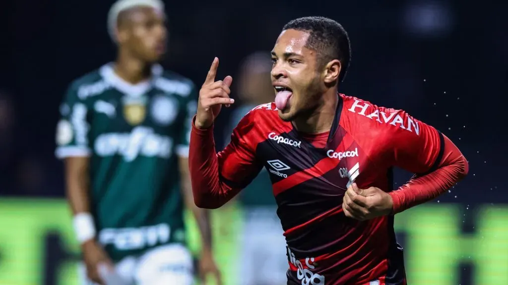 Vitor Roque #39 of Athletico Paranaense celebrates after scoring the first goal of his team during a match between Palmeiras and Athletico Paranaense as part of Brasileirao Series A 2022 at Allianz Parque Stadium on July 02, 2022 in Sao Paulo, Brazil. (Photo by Alexandre Schneider/Getty Images)