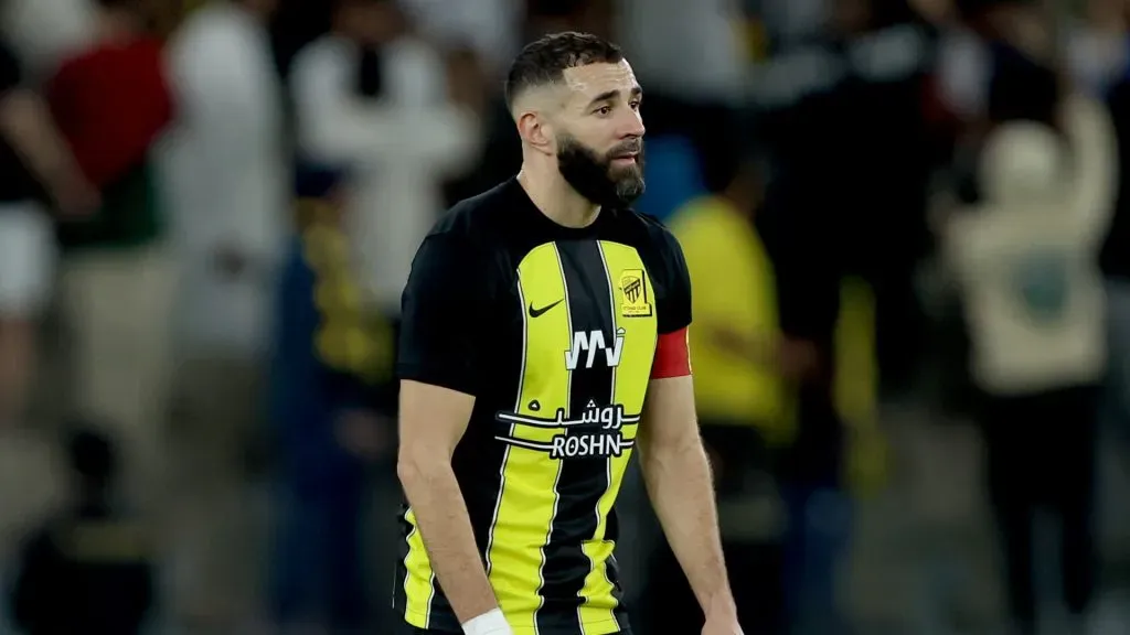 Karim Benzema of Al-Ittihad reacts after Al-Nassr scored their third side goal during the Saudi Pro League match between Al-Ittihad and Al-Nassr at Prince Abdullah Al Faisal Stadium on December 26, 2023 in Jeddah, Saudi Arabia.