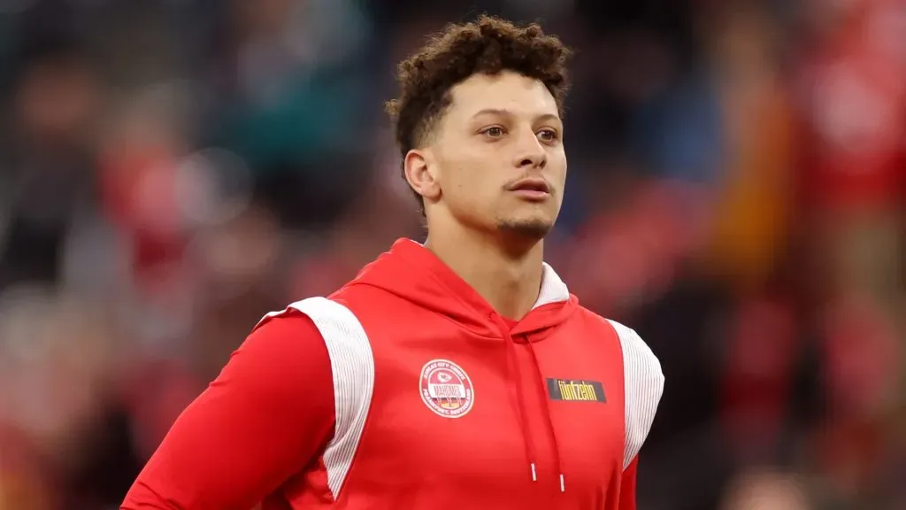 Patrick Mahomes #15 of the Kansas City Chiefs looks on during his warm up prior to the NFL match between Miami Dolphins and Kansas City Chiefs at Deutsche Bank Park on November 05, 2023 in Frankfurt am Main, Germany.