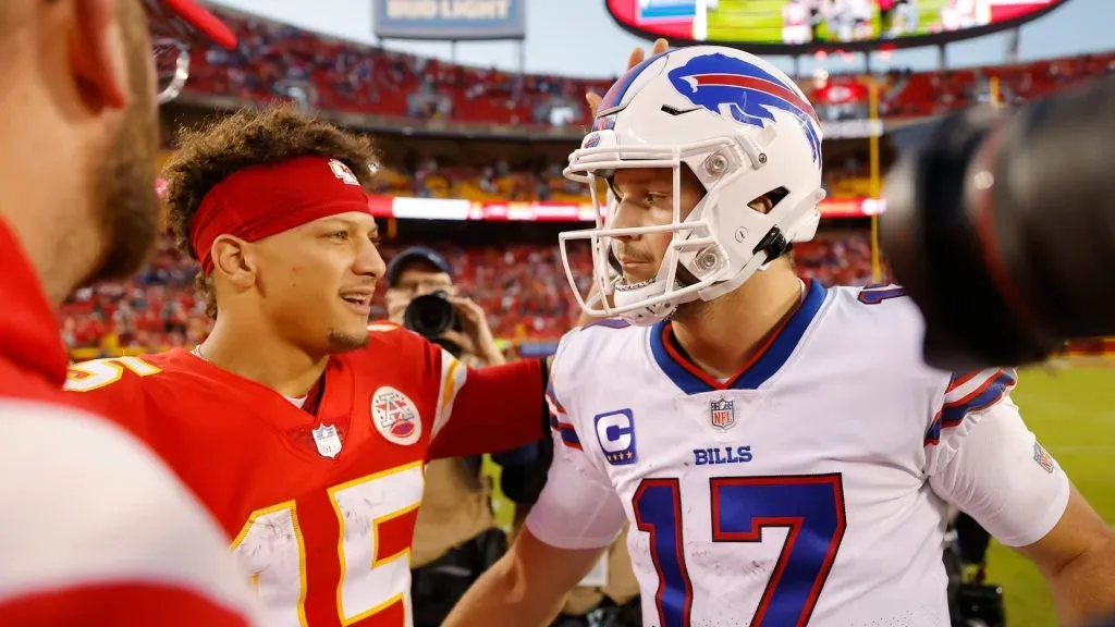 Patrick Mahomes #15 of the Kansas City Chiefs shakes hands with Josh Allen #17 of the Buffalo Bills after the game at Arrowhead Stadium on October 16, 2022 in Kansas City, Missouri. Buffalo defeated Kansas City 24-20.