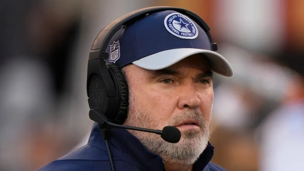 Mike McCarthy head coach of the Dallas Cowboys looks on during a game.