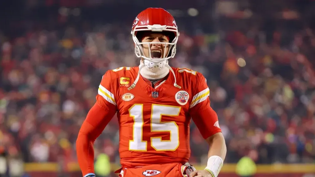 Patrick Mahomes #15 of the Kansas City Chiefs reacts as he takes the field before the AFC Wild Card Playoffs against the Miami Dolphins at GEHA Field at Arrowhead Stadium on January 13, 2024 in Kansas City, Missouri.