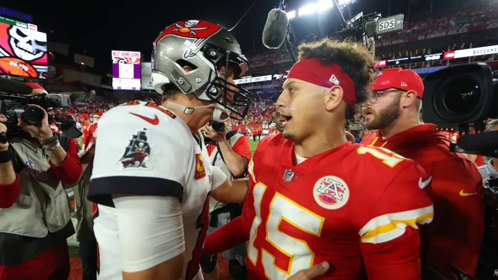 Patrick Mahomes #15 of the Kansas City Chiefs shakes hands with Tom Brady #12 of the Tampa Bay Buccaneers after defeating the Tampa Bay Buccaneers 41-31 at Raymond James Stadium on October 02, 2022 in Tampa, Florida.
