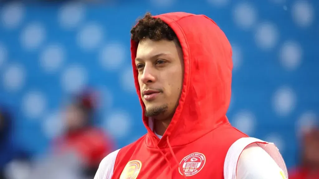 Patrick Mahomes #15 of the Kansas City Chiefs looks on prior to the AFC Divisional Playoff game against the Buffalo Bills at Highmark Stadium on January 21, 2024 in Orchard Park, New York.