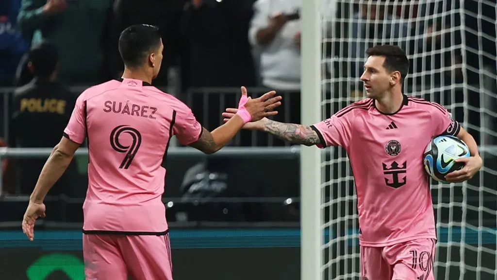 Lionel Messi of Inter Miami celebrates scoring his team’s second goal from the penalty spot with teammate Luis Suarez after during the Riyadh Season Cup match between Al Hilal and Inter Miami at Kingdom Arena on January 29, 2024 in Riyadh, Saudi Arabia.
