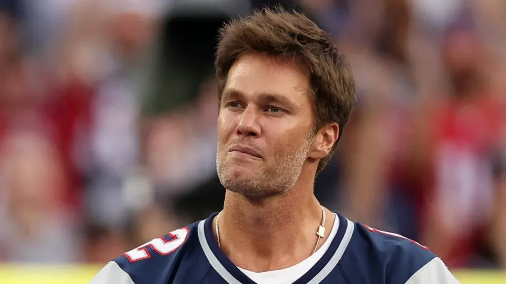 Former New England Patriots quarterback Tom Brady speaks during a ceremony honoring him at halftime of New England’s game against the Philadelphia Eagles at Gillette Stadium on September 10, 2023 in Foxborough, Massachusetts.