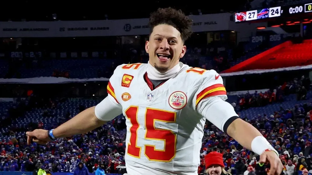 Patrick Mahomes #15 of the Kansas City Chiefs celebrates after defeating the Buffalo Bills in the AFC Divisional Playoff game at Highmark Stadium on January 21, 2024 in Orchard Park, New York.