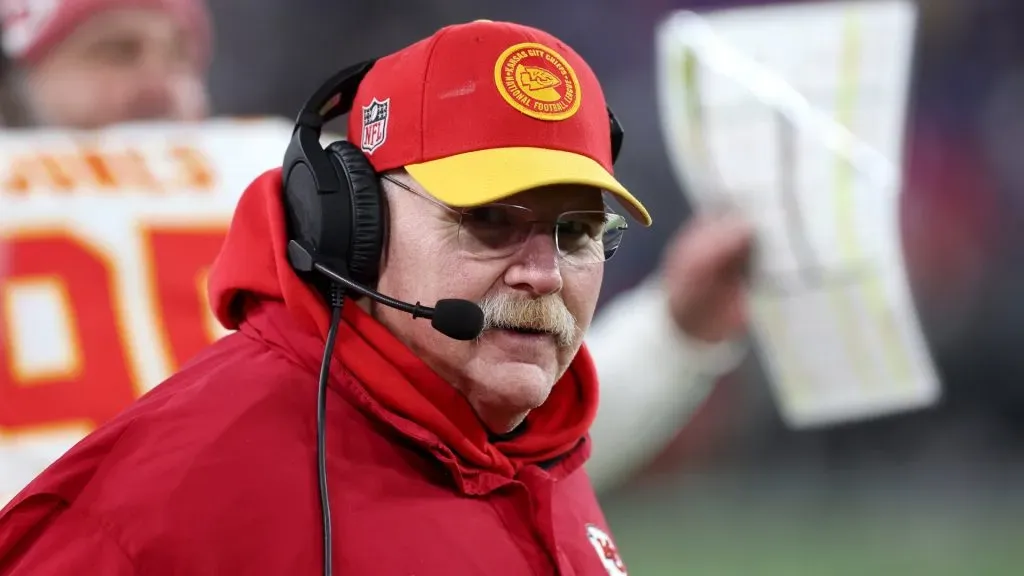 Head coach Andy Reid of the Kansas City Chiefs looks on from the sideline during the fourth quarter against the Baltimore Ravens in the AFC Championship Game at M&T Bank Stadium on January 28, 2024 in Baltimore, Maryland.