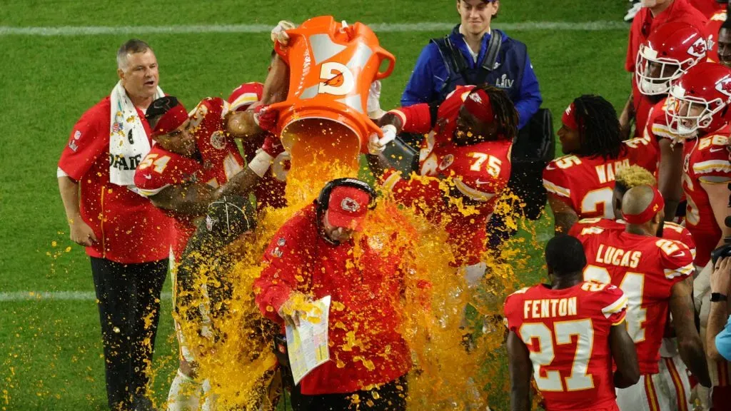 Gatorade being poured on Andy Reid, HC of the Chiefs (Super Bowl LIV)