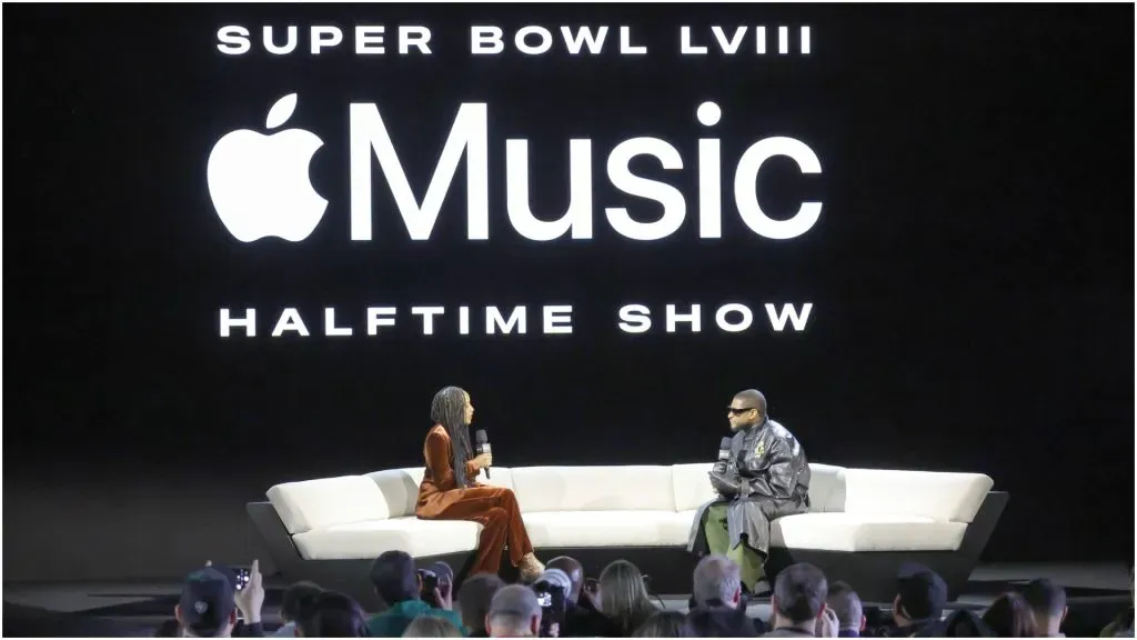 Nadeska Alexis and Usher speak onstage during the Super Bowl LVIII Pregame – Ethan Miller/Getty Images