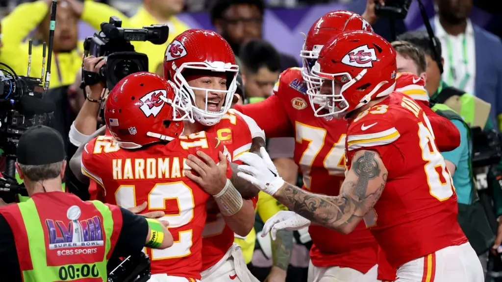 The Chiefs celebrate the game-winning touchdown in Super Bowl LVIII.